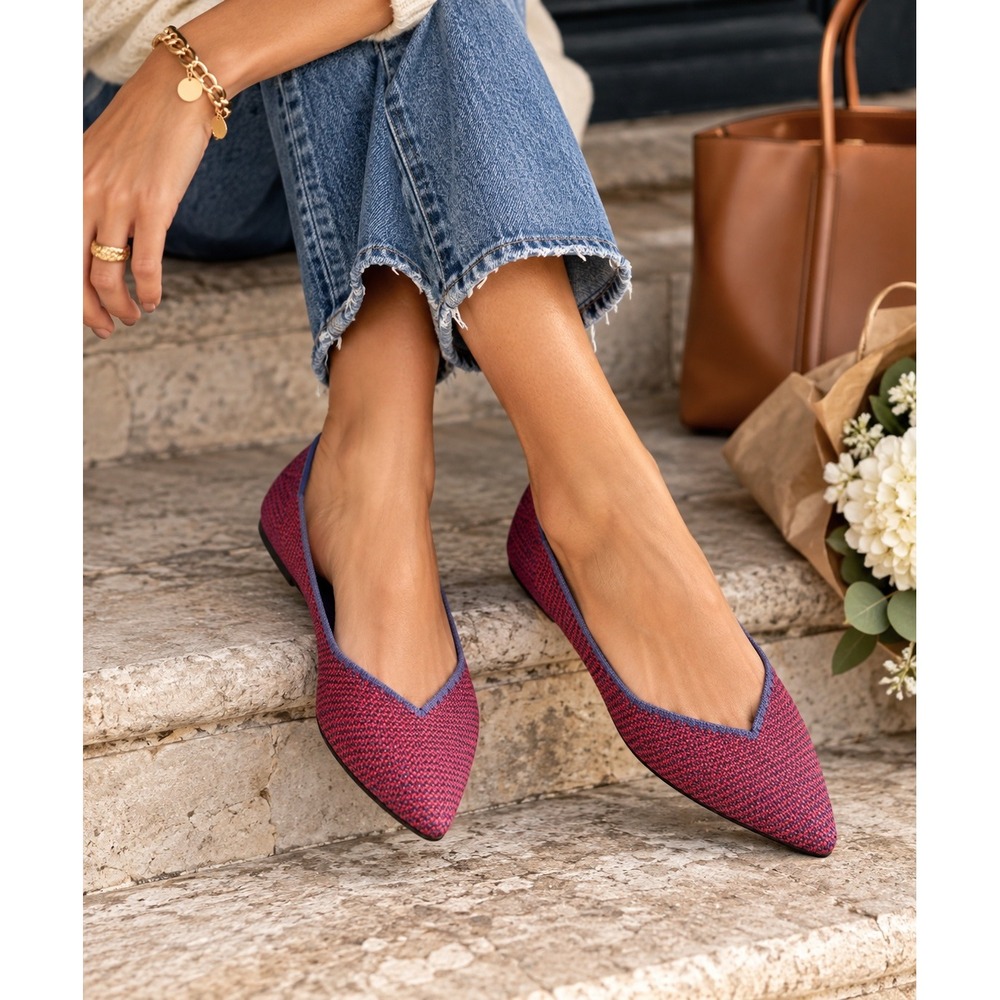 Rothys The Point Red Blue Knit Pointed Toe Flats Shoes Womens 7.5